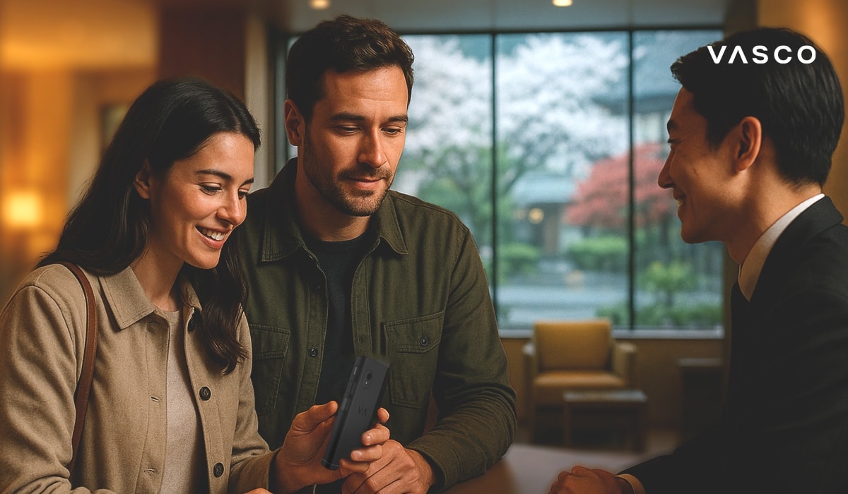 Een koppel gebruikt een vertaalapparaat terwijl ze met een hotelreceptionist praten.