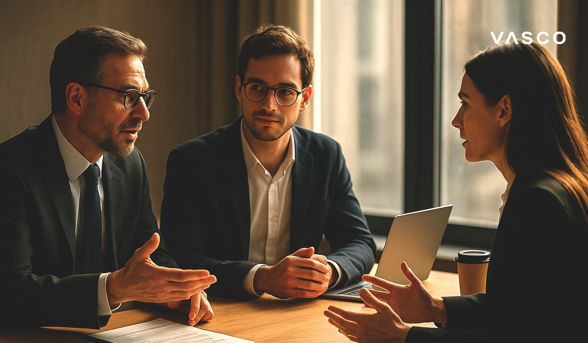 Tijdens een zakelijk gesprek onderhandelen meerdere partijen aan de vergadertafel.