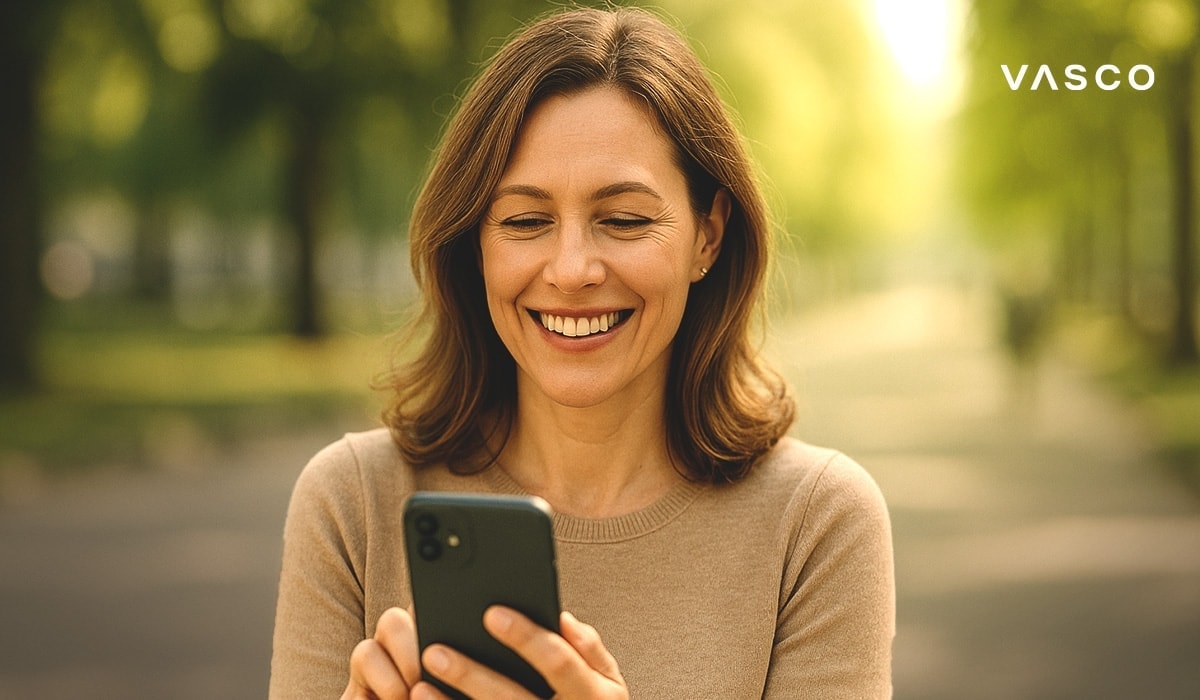 Een glimlachende vrouw kijkt naar haar telefoon terwijl ze in het park staat.