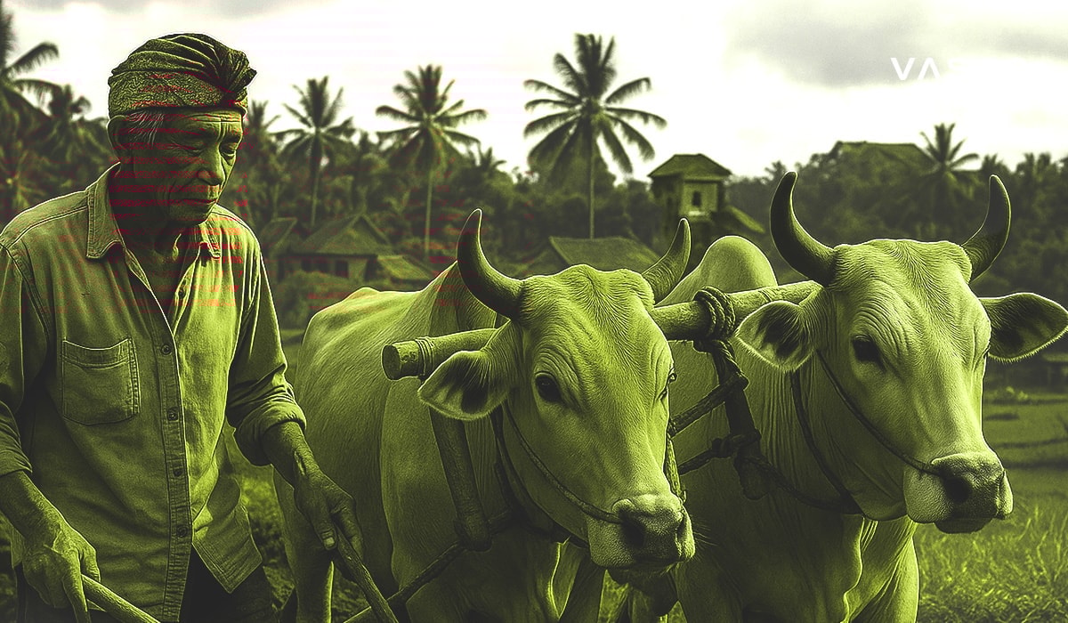 Een lokale Balinese boer werkt met twee ossen op een rijstveld en laat zo de traditionele landbouwmethoden zien.