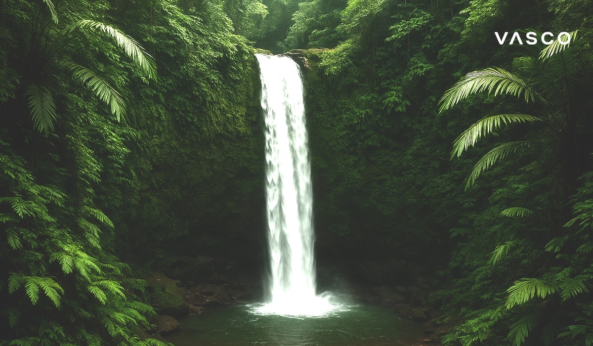 Een majestueuze waterval, midden in een dichte, groene tropische jungle.