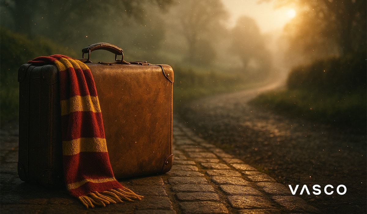 0fa2661c-4e63-42c4-ac42-e64893f519f4 Oude koffer met een Gryffindor-sjaal op een geplaveide weg bij zonsopgang.