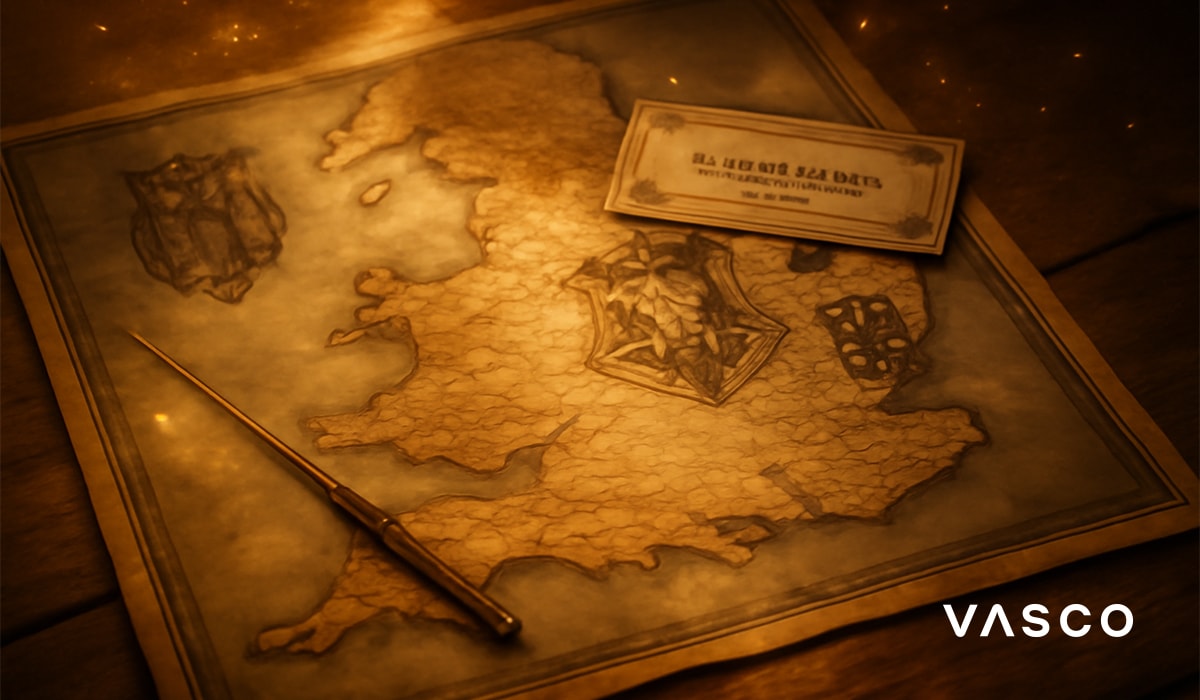 Perkamenten kaart van Groot-Brittannië met wapenschilden van tovenaarsscholen en een toverstok.