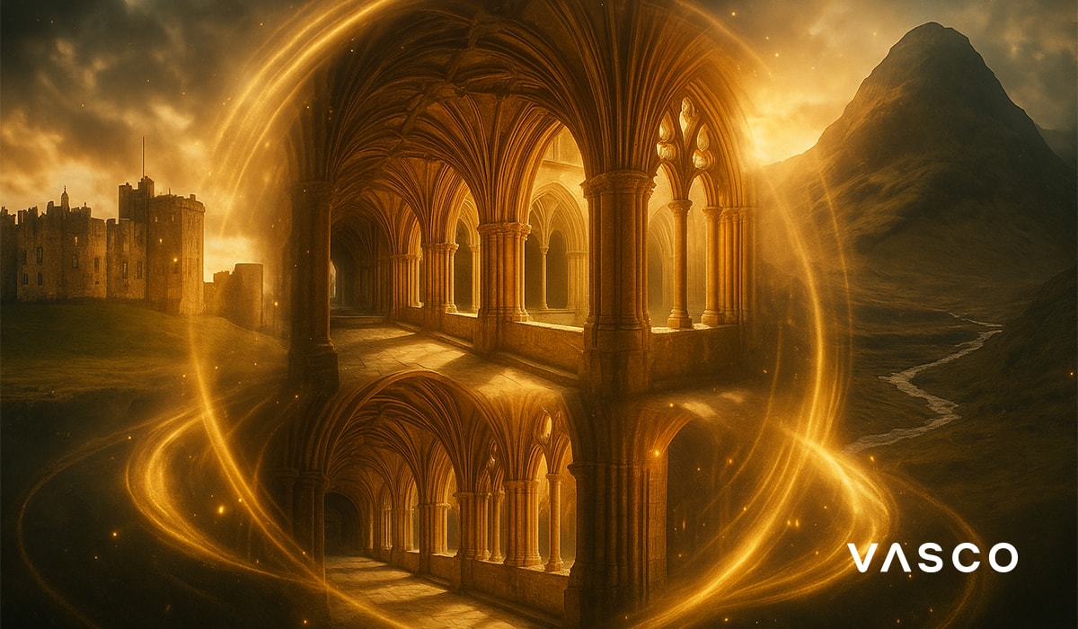 Magische kloostergangen omgeven door gouden lichtwervelingen, met een kasteel en bergen op de achtergrond.