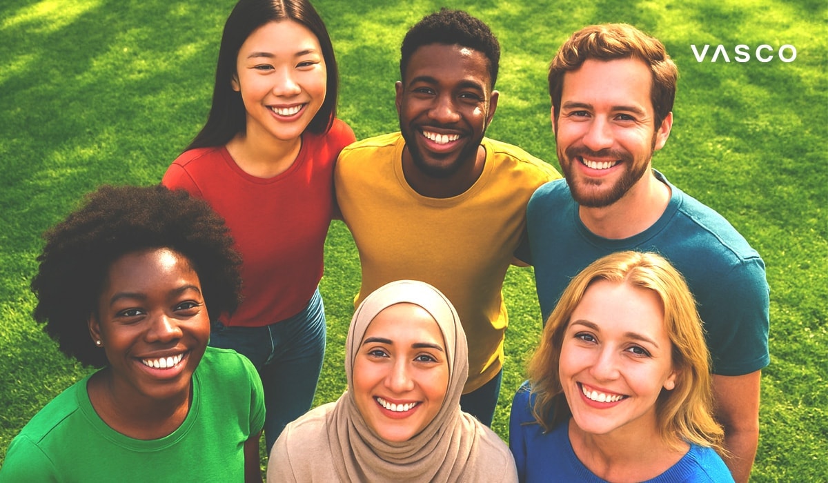 Internationale groep jongeren uit alle hoeken van de wereld.