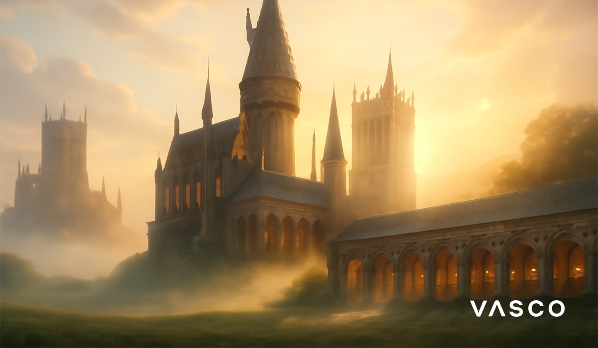 Kasteel in Hogwarts-stijl bij zonsopgang, omgeven door mist en gouden licht.