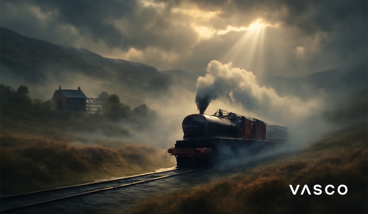 Stoomtrein die door een bergachtig landschap rijdt.