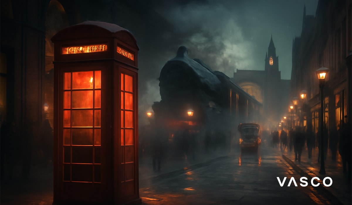 Rode telefooncel en stoomtrein in een mistige nachtelijke stad.