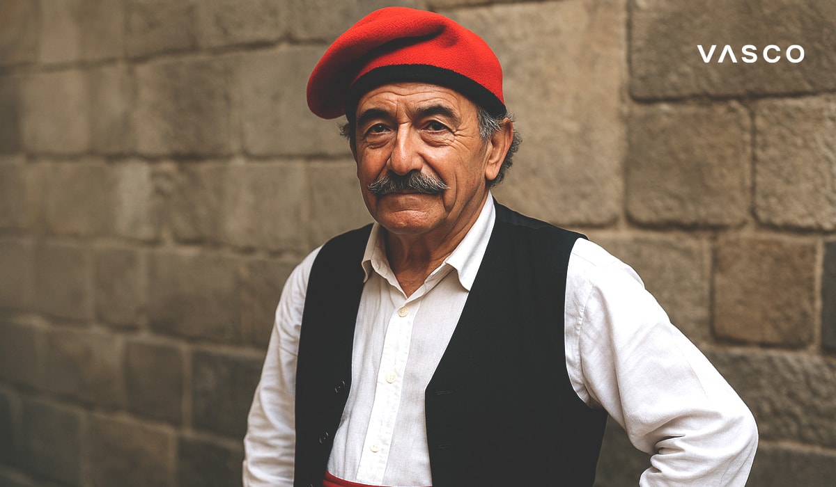 Portret van een oudere man in traditionele Baskische kleding, inclusief een rode baret, staande bij een stenen muur.