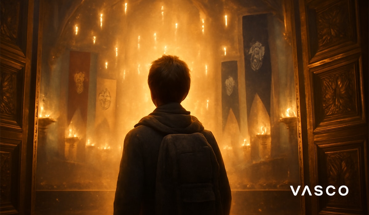 Jongen met een rugzak die een zaal binnenkomt vol kaarsen en Hogwarts-huisvlaggen.