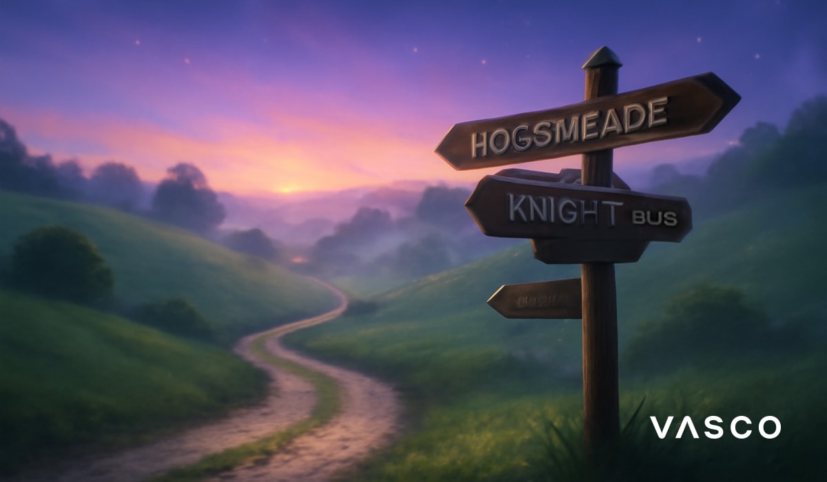 Houten wegwijzer op een landweggetje die naar Hogsmeade en de Knight Bus wijst.