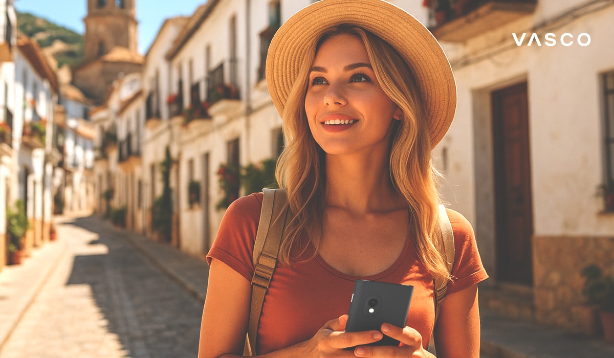 Een toerist loopt glimlachend door een smal Spaans straatje met witte gebouwen.