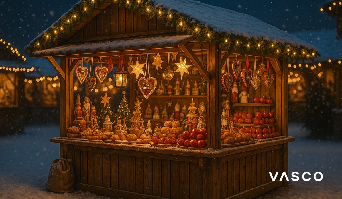 festive Christmas market stall with ornaments and baked goods on a snowy evening