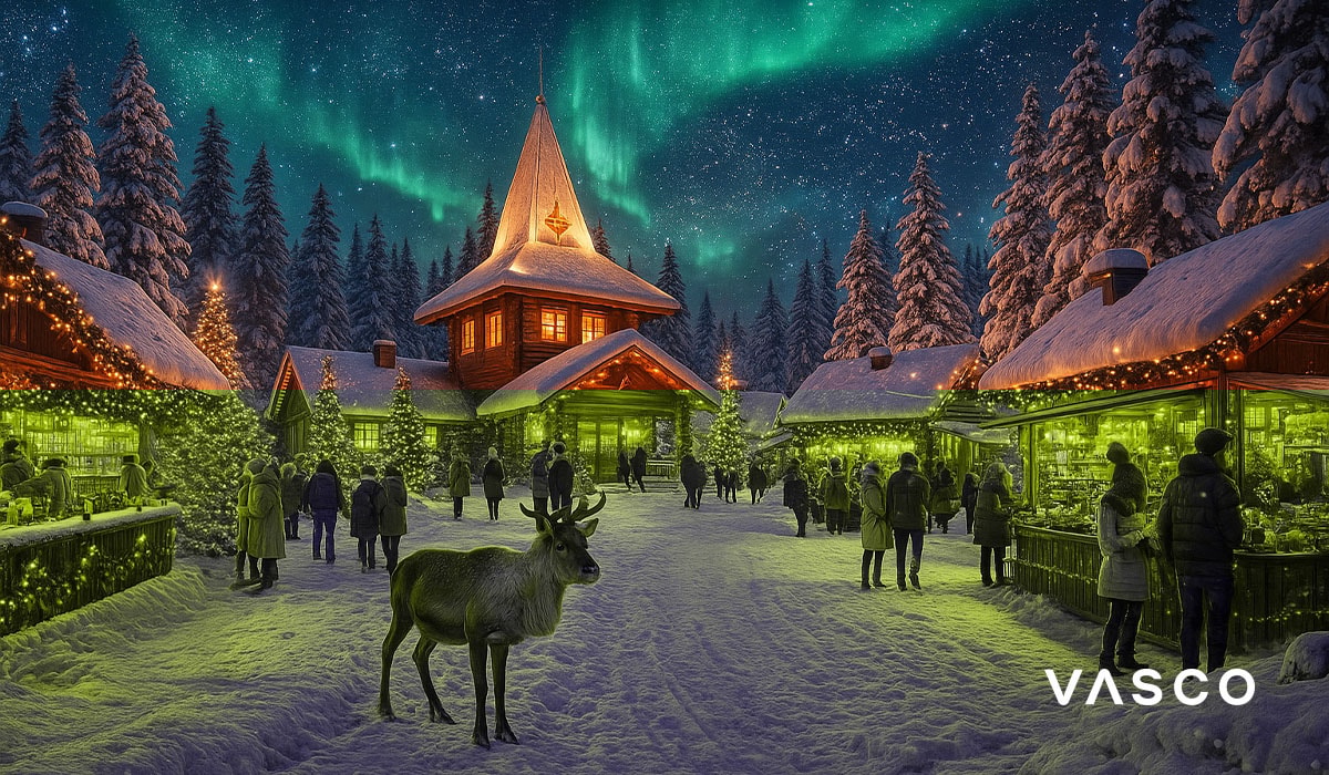 Finse kerstmarkt met houten huisjes, rendieren en noorderlicht.