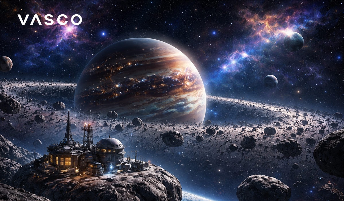 Twee officieren in gesprek op een rotsachtige planeet.