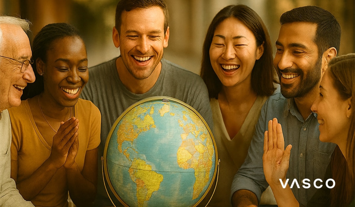 Een groep mensen uit verschillende culturen lacht en kijkt samen naar een wereldkaart.