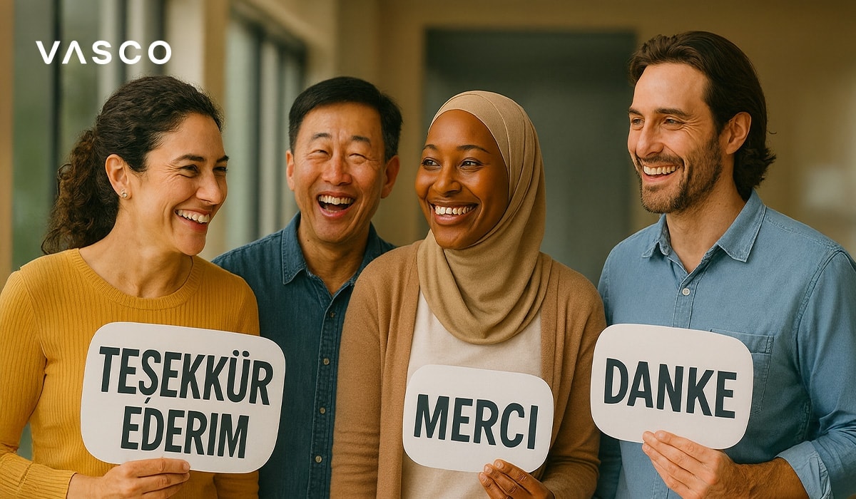 Een diverse groep mensen met borden waarop in dank je wel in verschillende talen staat, en een glimlach op hun gezicht.