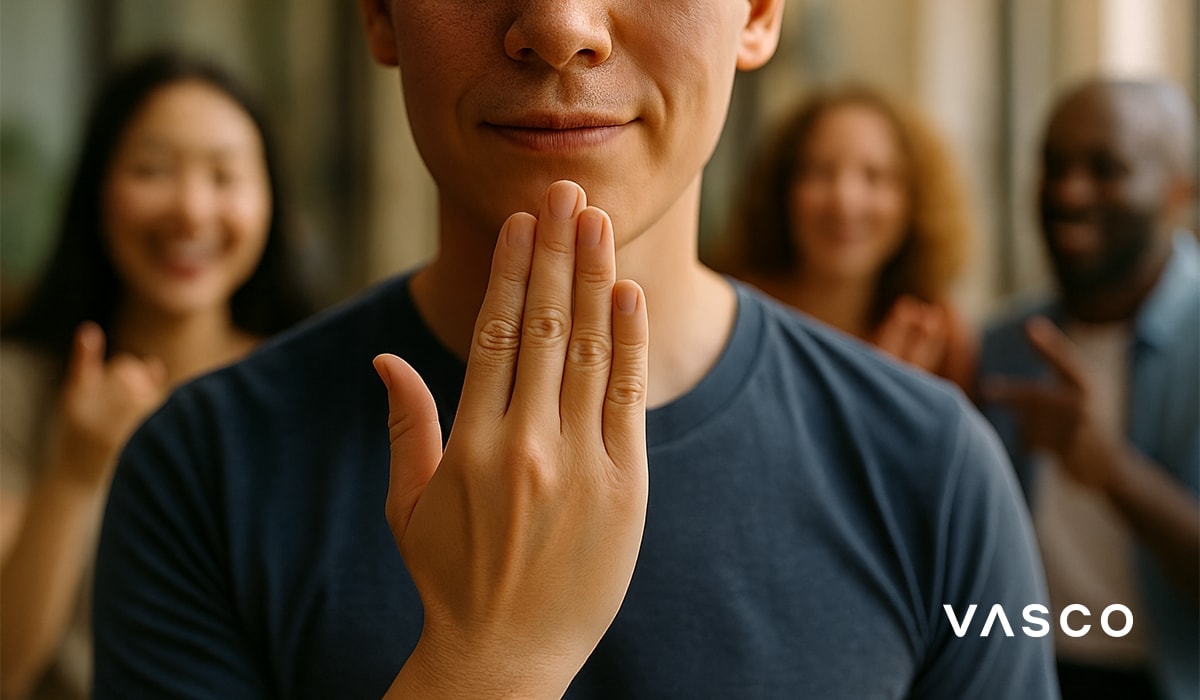 Iemand die een beleefd handgebaar maakt terwijl hij tussen een groep diverse mensen staat.