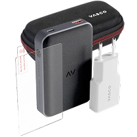 Vasco-accessoirepakket met een schermbeschermer van gehard glas, een powerbank, een oplader en een beschermhoes voor de vertaler.