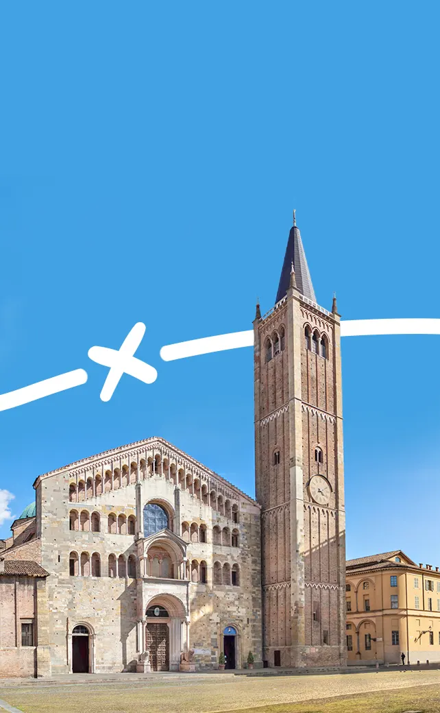 Een verticale buitenfoto van de kathedraal van Parma (Duomo di Parma) in Italië.