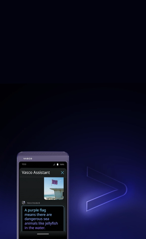 Een Vasco-apparaat waarop het scherm van de AI-functie 'Vasco Assistant' wordt weergegeven. De gebruikersinterface toont een foto van een paarse vlag op een strandwachtpost, met een chatbericht waarin wordt uitgelegd: 'Een paarse vlag betekent dat er gevaarlijke zeedieren, zoals kwallen, in het water zitten.'